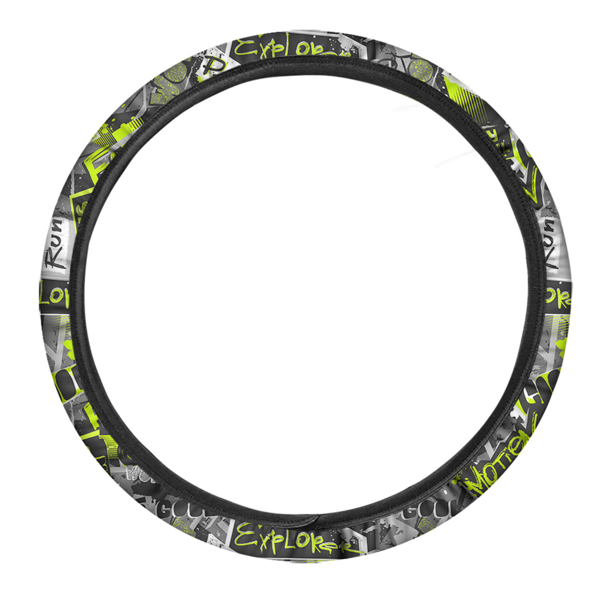 Abstract Grey And Neon Green Graffiti Print Pattern Car Steering Wheel Cover-grizzshop