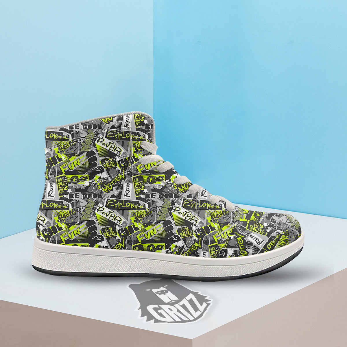 Abstract Grey And Neon Green Graffiti Print Pattern High Top Sneakers-grizzshop