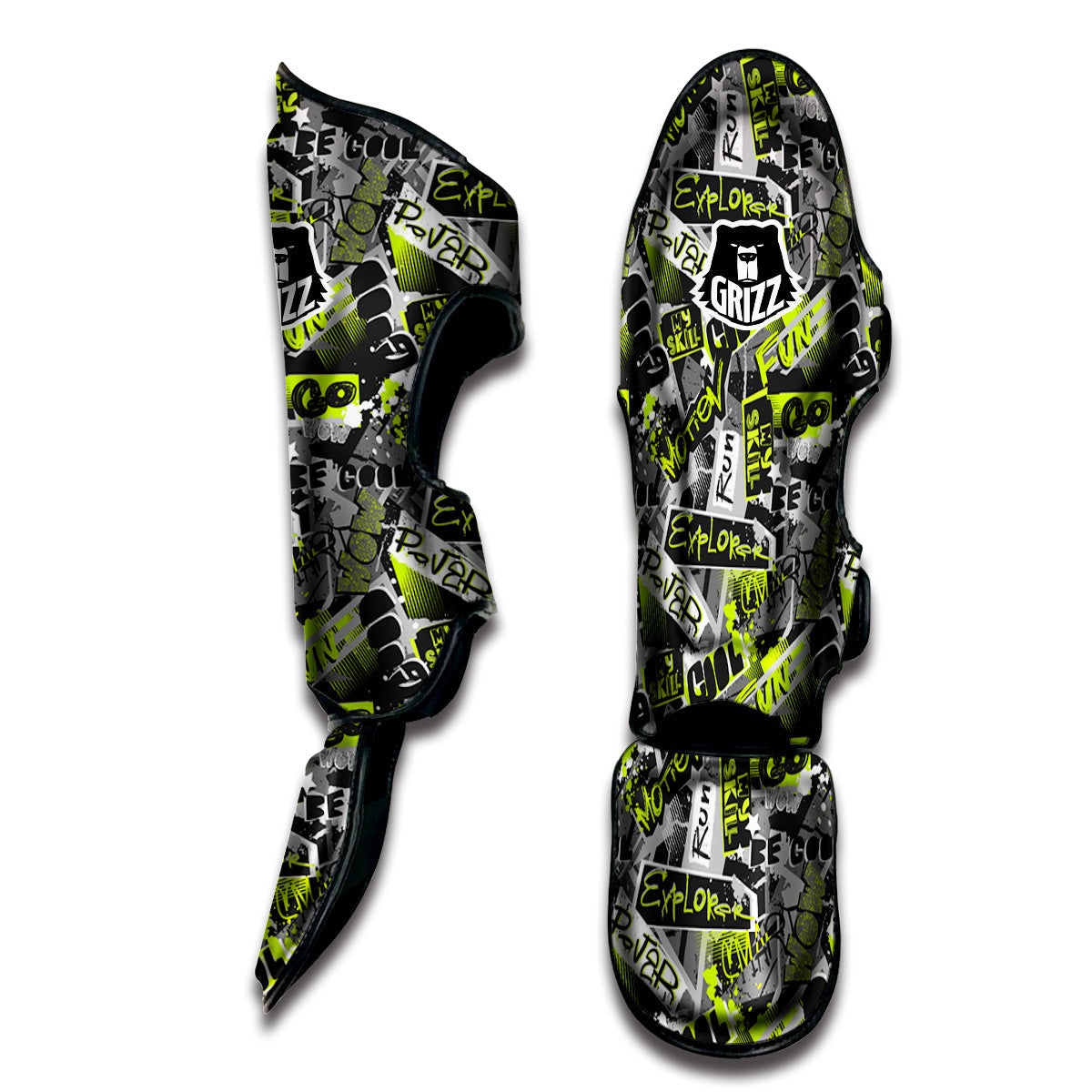 Abstract Grey And Neon Green Graffiti Print Pattern Muay Thai Shin Guards-grizzshop