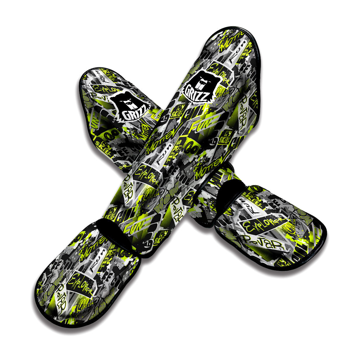 Abstract Grey And Neon Green Graffiti Print Pattern Muay Thai Shin Guards-grizzshop