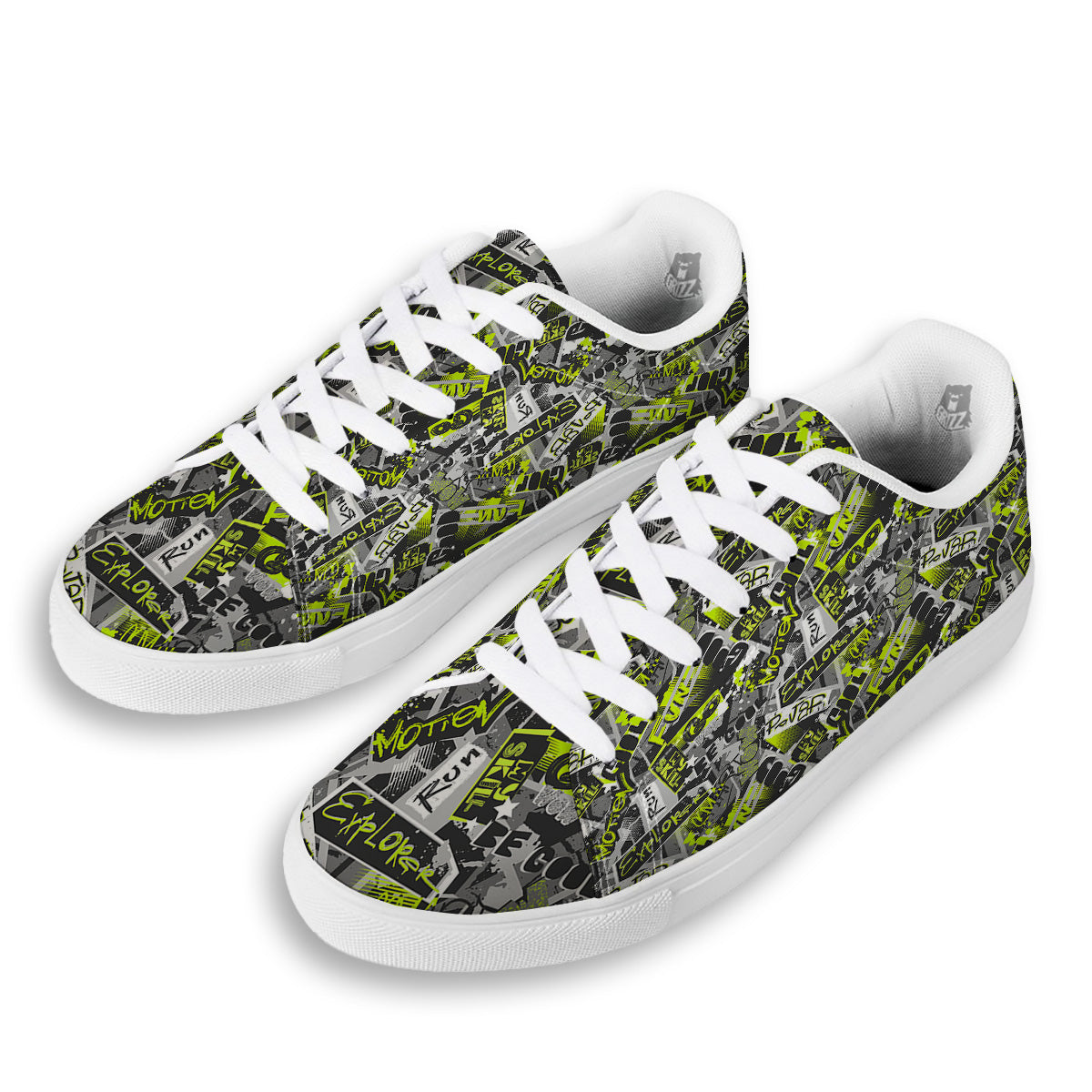 Abstract Grey And Neon Green Graffiti Print Pattern White Low Top Sneakers-grizzshop
