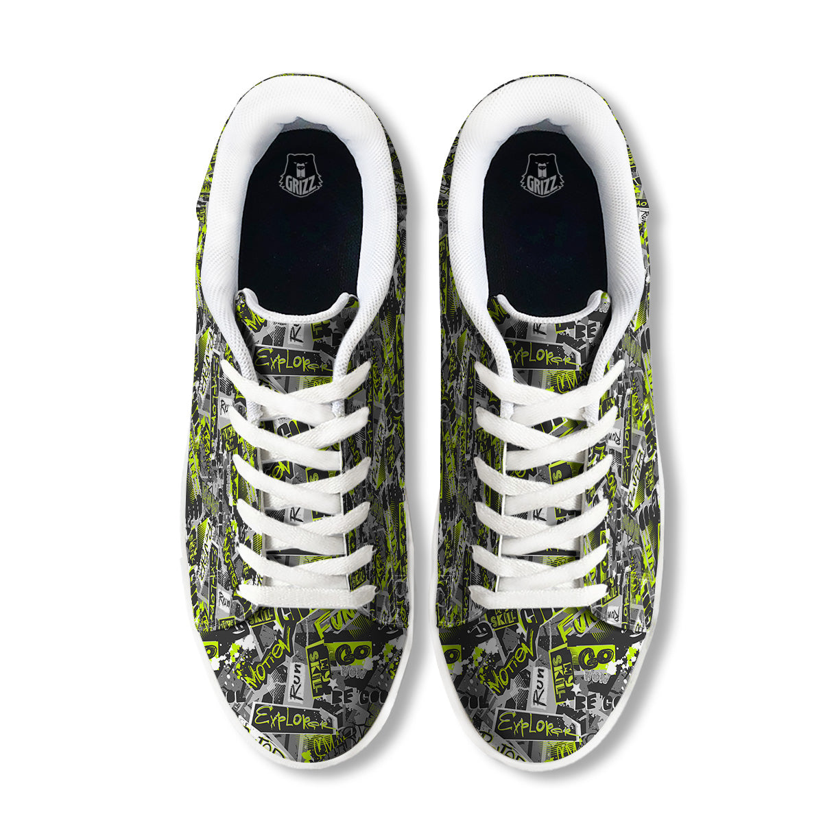 Abstract Grey And Neon Green Graffiti Print Pattern White Low Top Sneakers-grizzshop