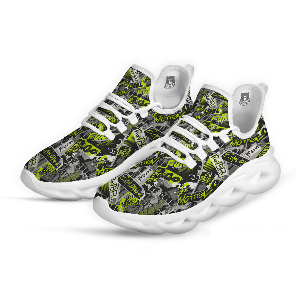 Abstract Grey And Neon Green Graffiti Print Pattern White Running Shoes-grizzshop