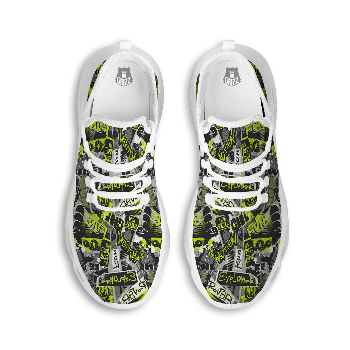 Abstract Grey And Neon Green Graffiti Print Pattern White Running Shoes-grizzshop