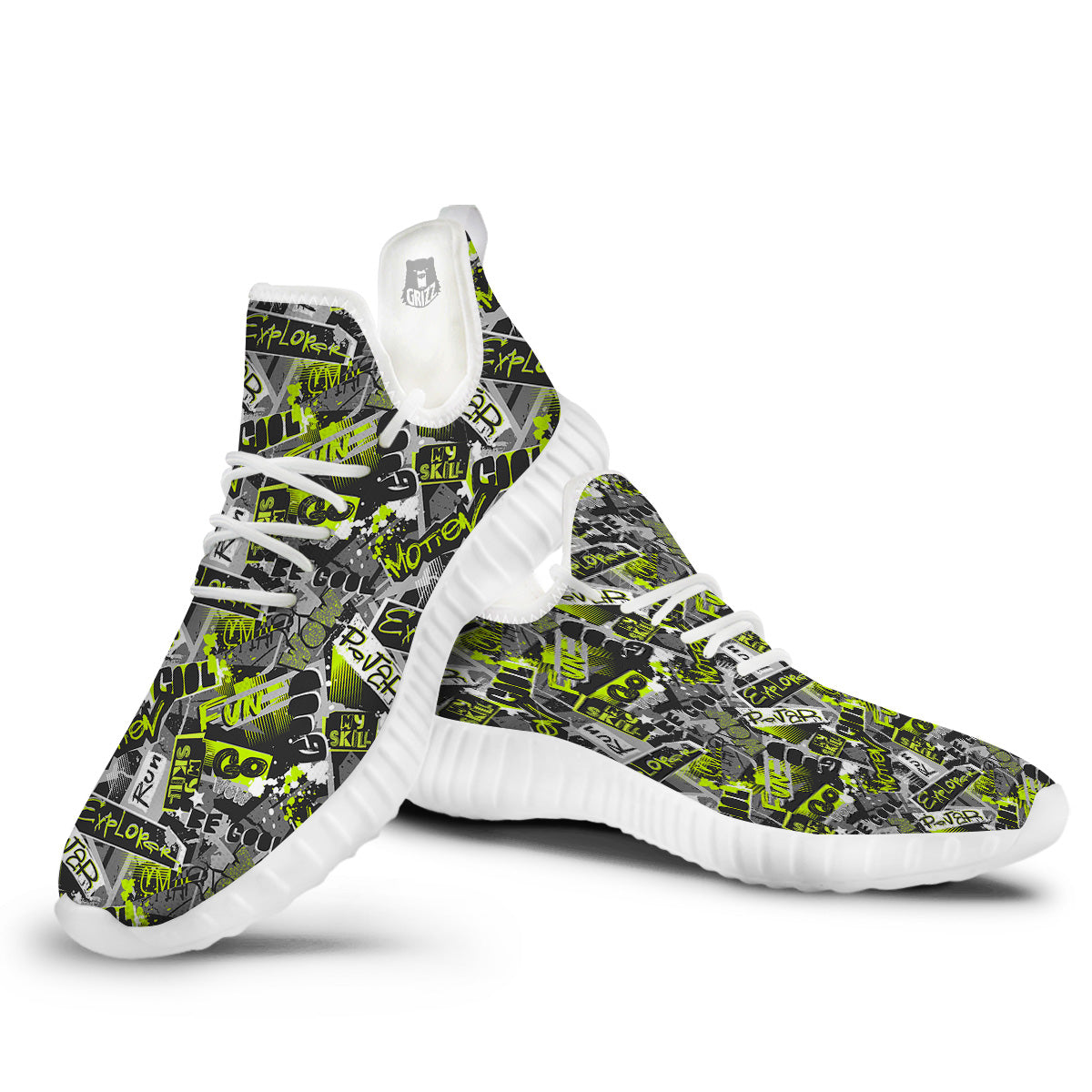 Abstract Grey And Neon Green Graffiti Print Pattern White Walking Shoes-grizzshop
