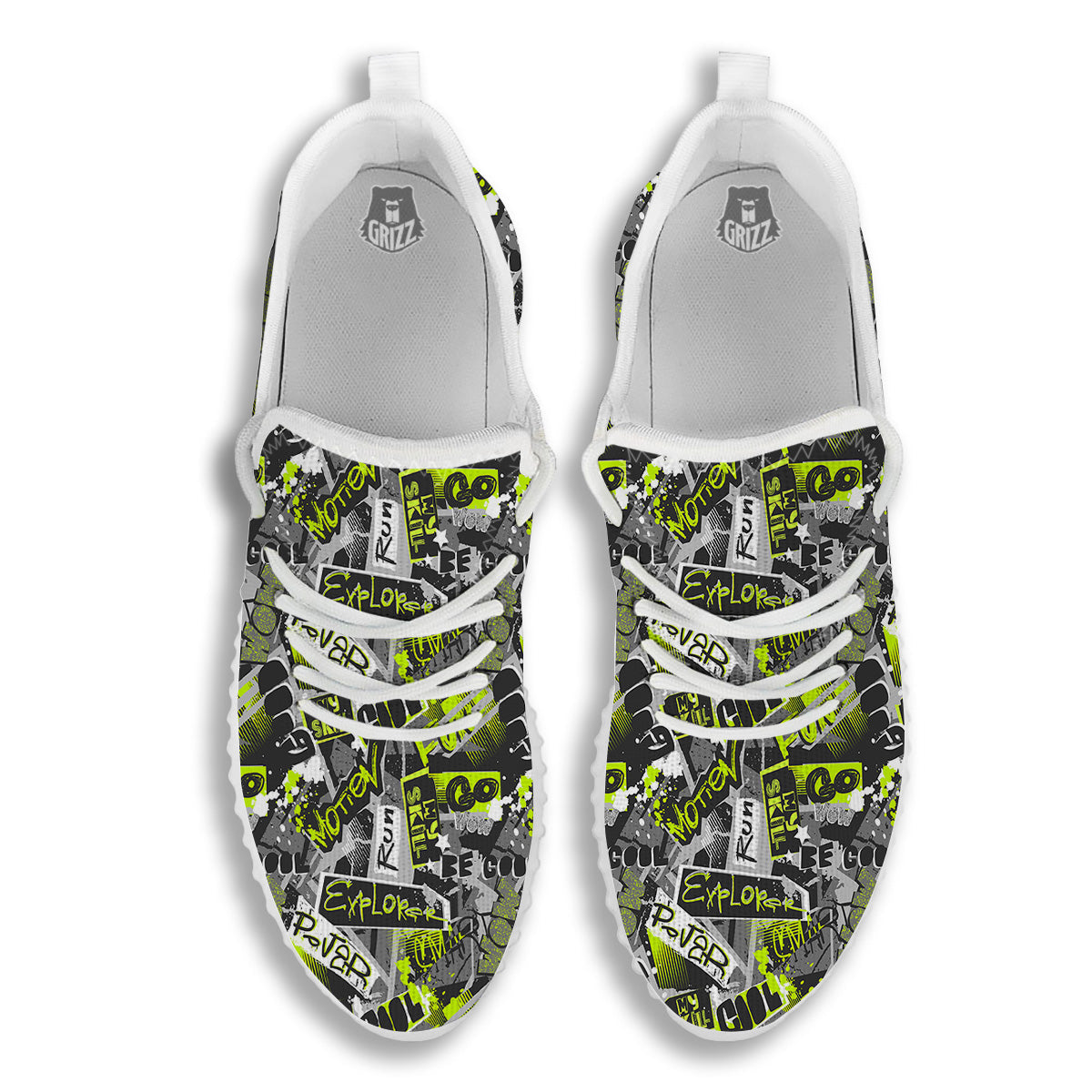 Abstract Grey And Neon Green Graffiti Print Pattern White Walking Shoes-grizzshop