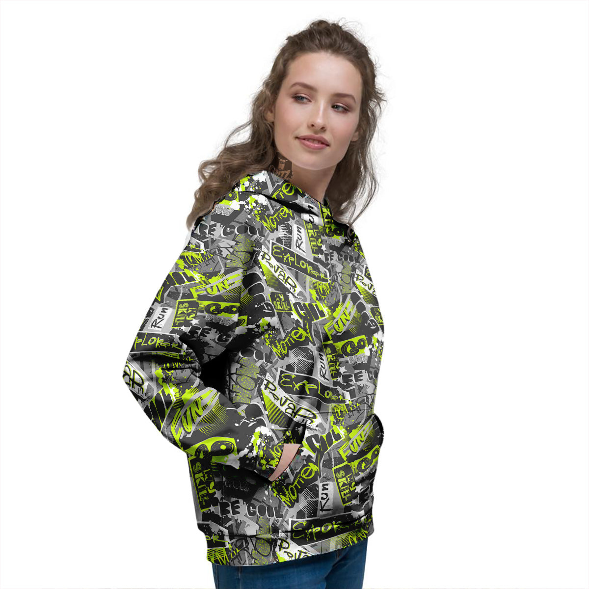 Abstract Grey And Neon Green Graffiti Print Pattern Women's Hoodie-grizzshop