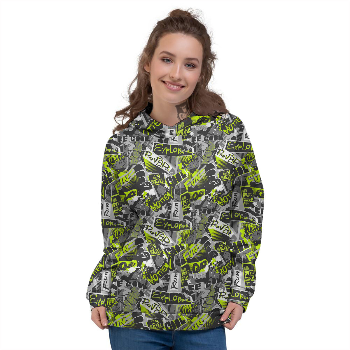 Abstract Grey And Neon Green Graffiti Print Pattern Women's Hoodie-grizzshop