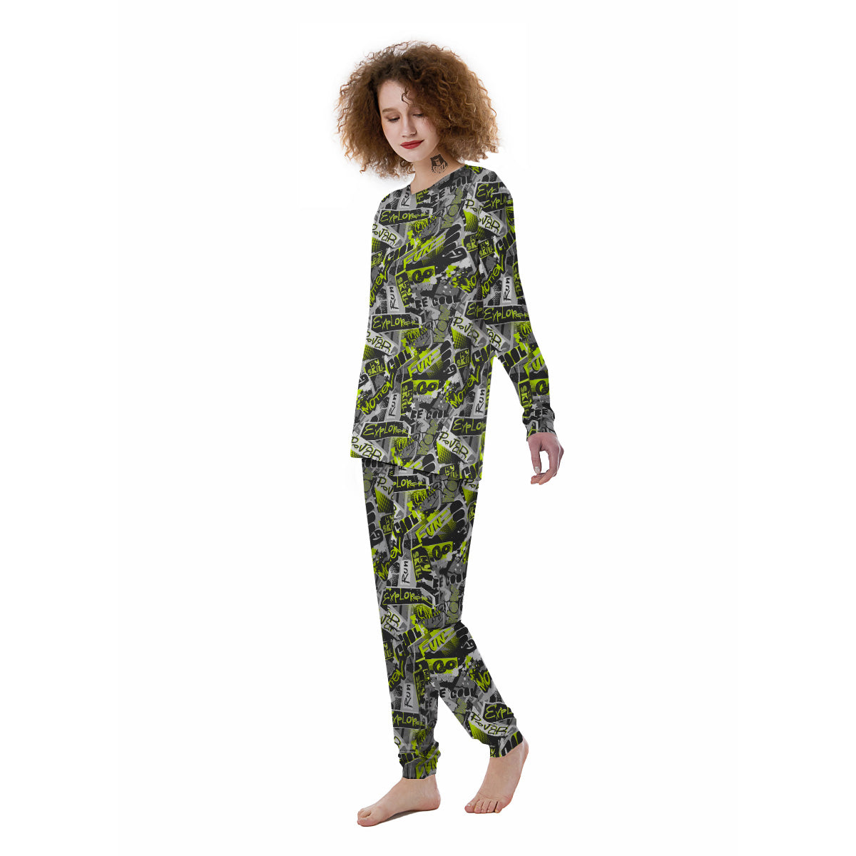 Abstract Grey And Neon Green Graffiti Print Pattern Women's Pajamas-grizzshop