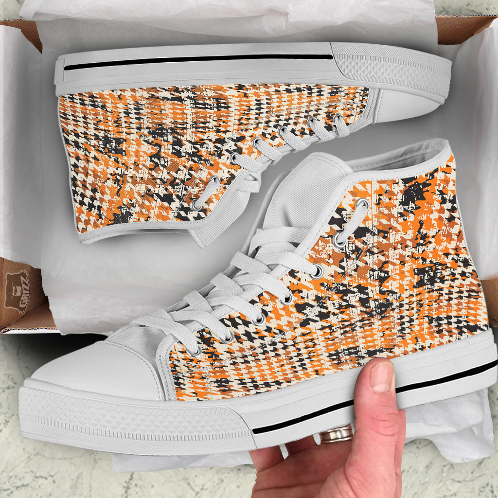 Abstract Grunge Houndstooth Camo Print Pattern White High Top Shoes-grizzshop