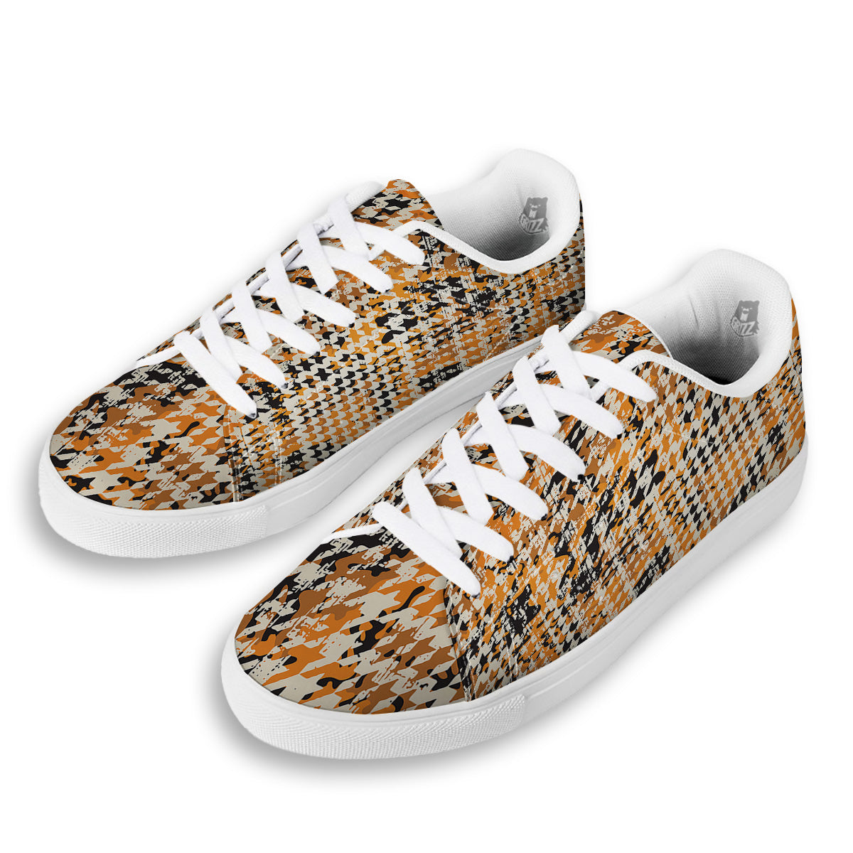 Abstract Grunge Houndstooth Camo Print Pattern White Low Top Sneakers-grizzshop