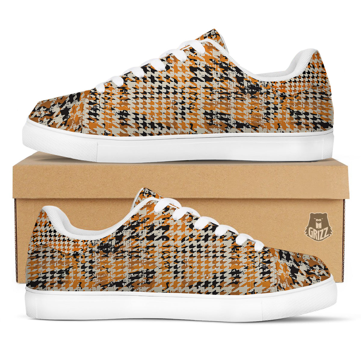 Abstract Grunge Houndstooth Camo Print Pattern White Low Top Sneakers-grizzshop