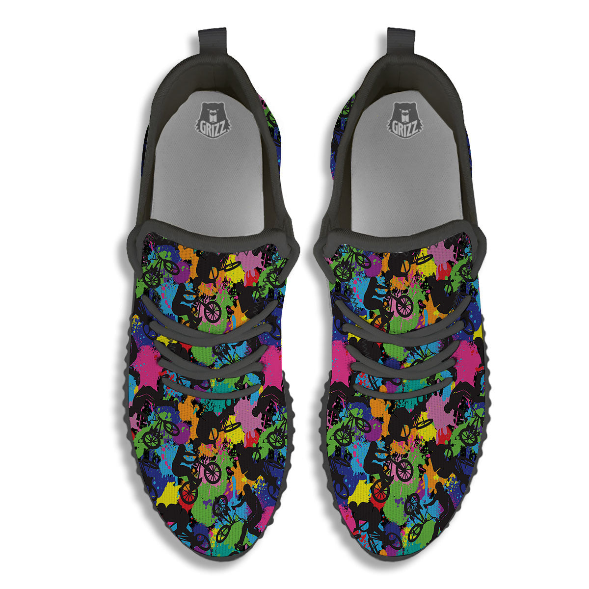 Abstract Grunge Urban Colorful Bicycle Print Pattern Black Walking Shoes-grizzshop