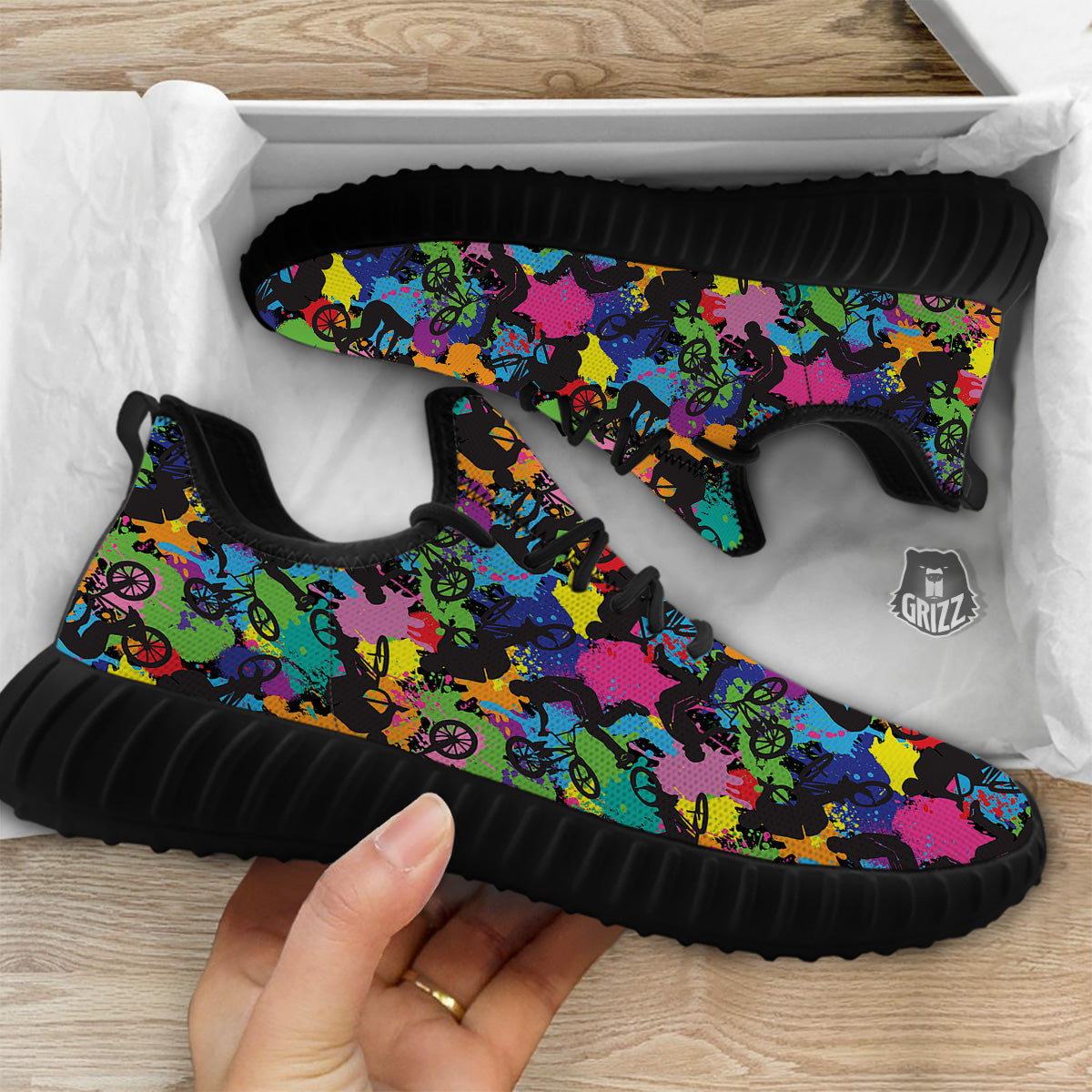 Abstract Grunge Urban Colorful Bicycle Print Pattern Black Walking Shoes-grizzshop