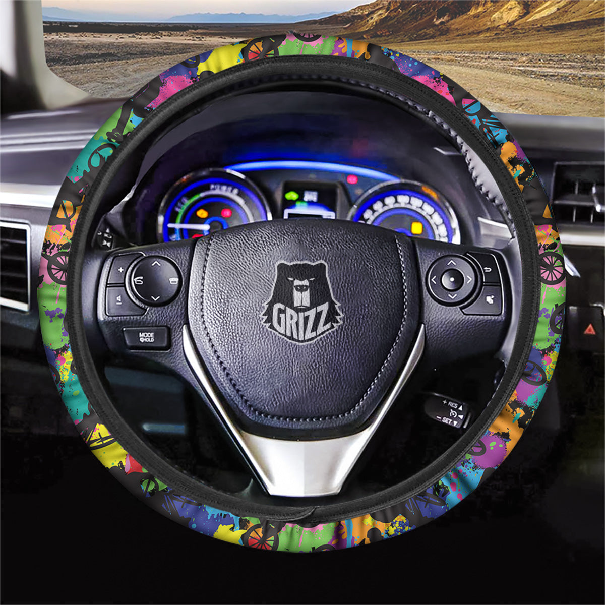 Abstract Grunge Urban Colorful Bicycle Print Pattern Car Steering Wheel Cover-grizzshop