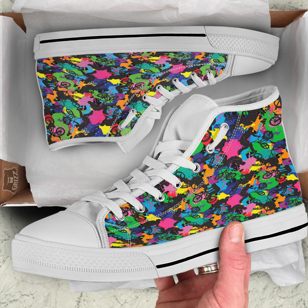 Abstract Grunge Urban Colorful Bicycle Print Pattern White High Top Shoes-grizzshop