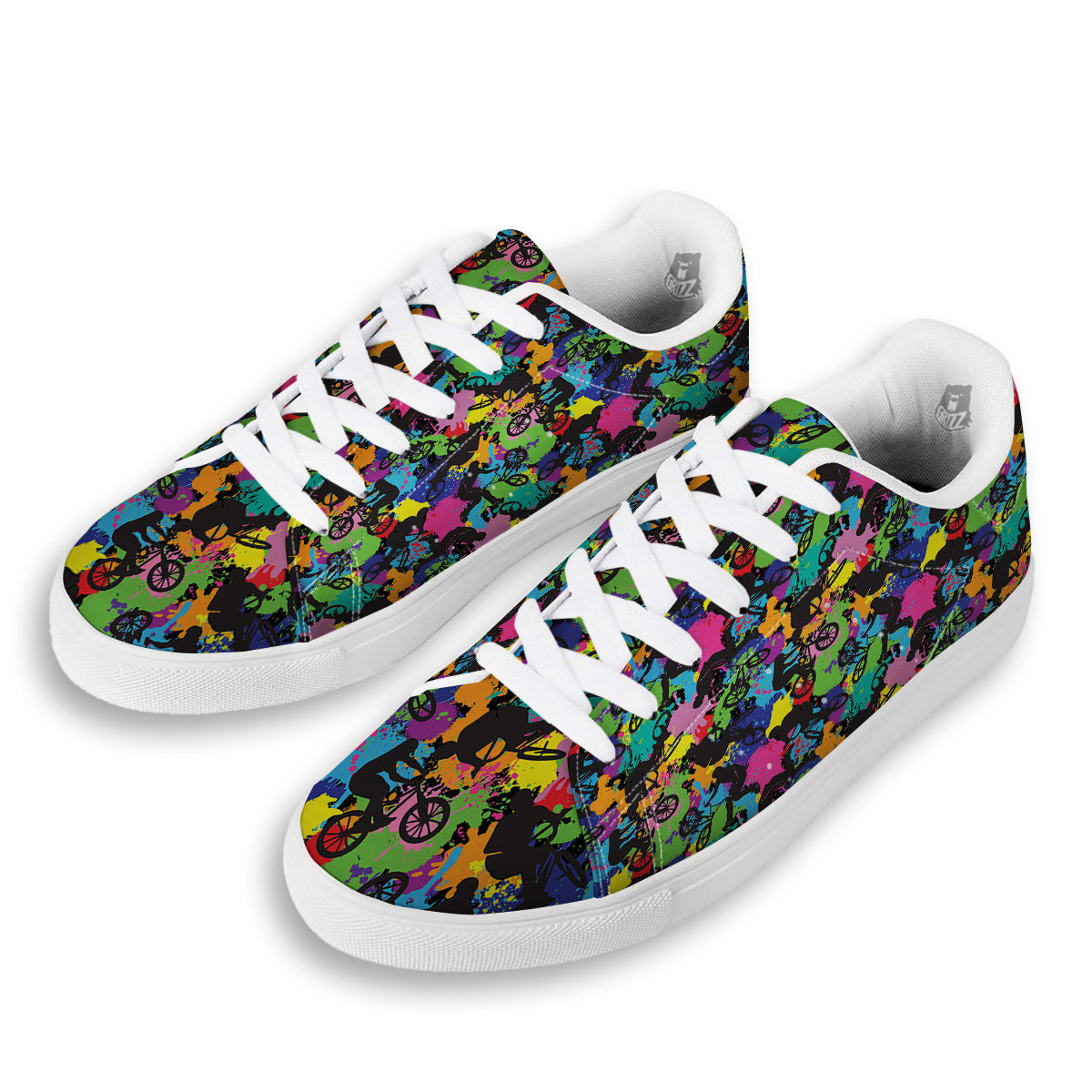 Abstract Grunge Urban Colorful Bicycle Print Pattern White Low Top Sneakers-grizzshop