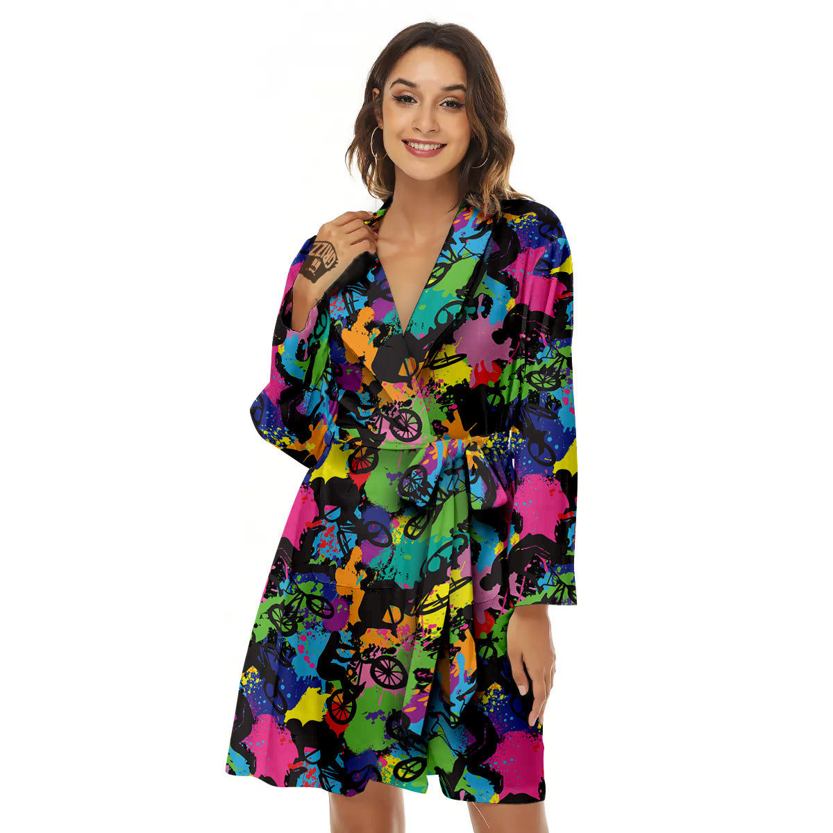 Abstract Grunge Urban Colorful Bicycle Print Pattern Women's Robe-grizzshop