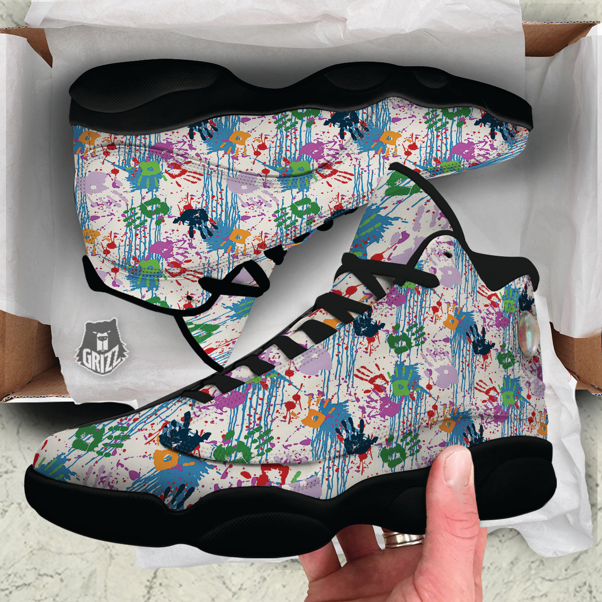 Abstract Hand Prints Colorful Print Pattern Black Basketball Shoes-grizzshop