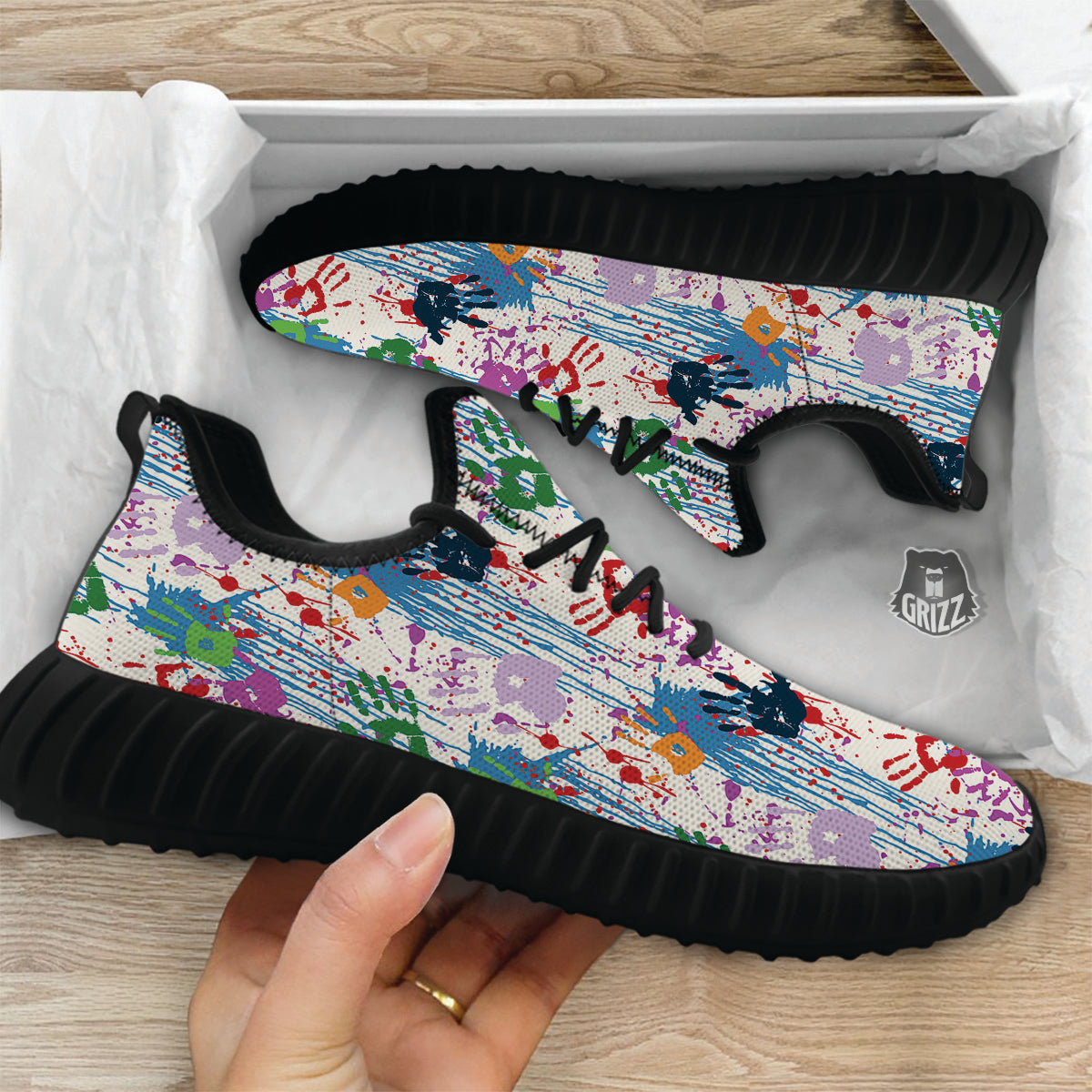 Abstract Hand Prints Colorful Print Pattern Black Walking Shoes-grizzshop