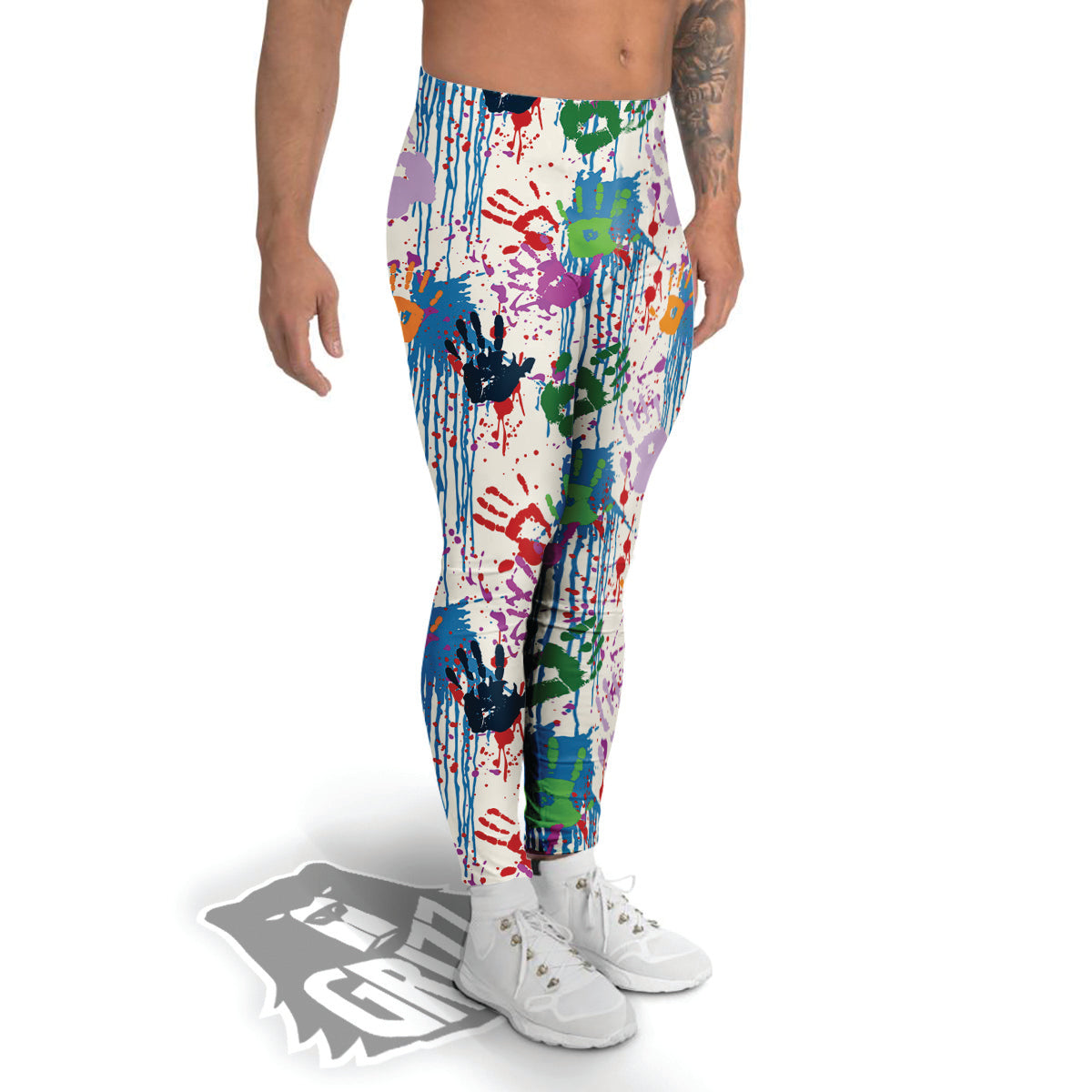 Abstract Hand Prints Colorful Print Pattern Men's Leggings-grizzshop