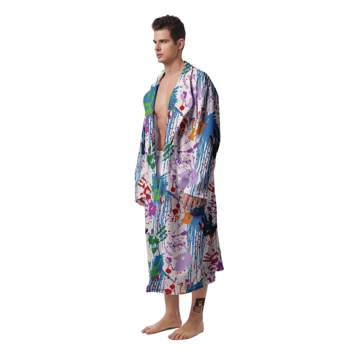 Abstract Hand Prints Colorful Print Pattern Men's Robe-grizzshop