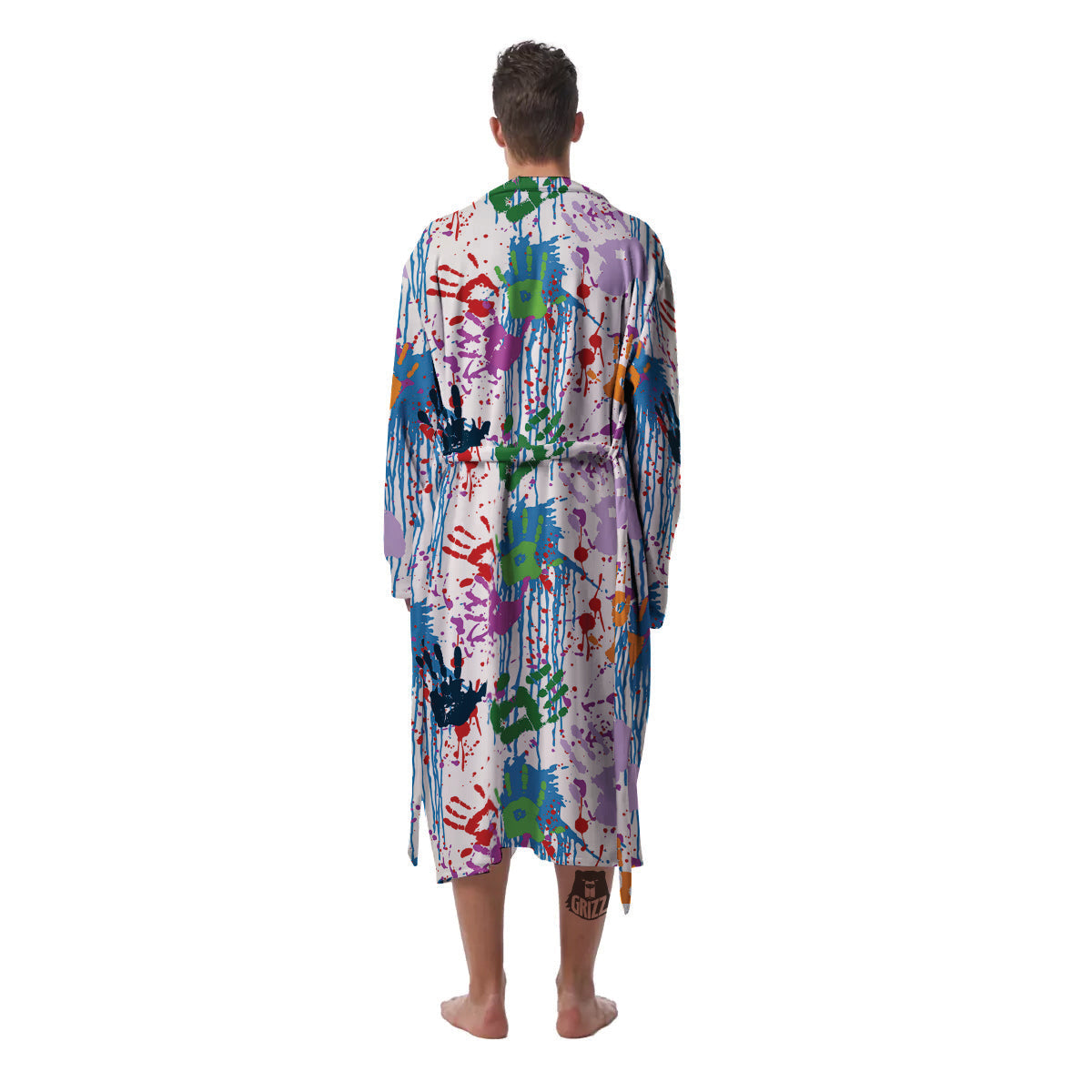 Abstract Hand Prints Colorful Print Pattern Men's Robe-grizzshop