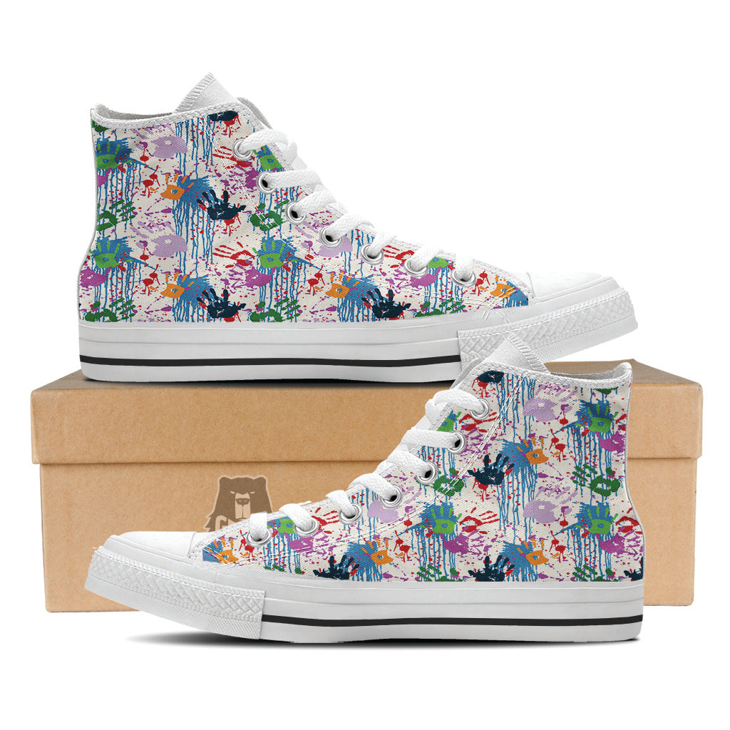Abstract Hand Prints Colorful Print Pattern White High Top Shoes-grizzshop