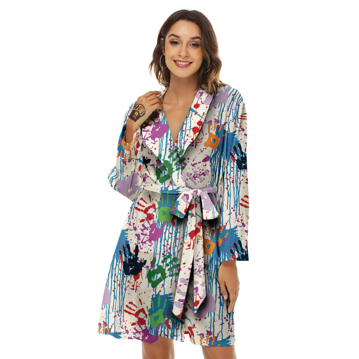 Abstract Hand Prints Colorful Print Pattern Women's Robe-grizzshop