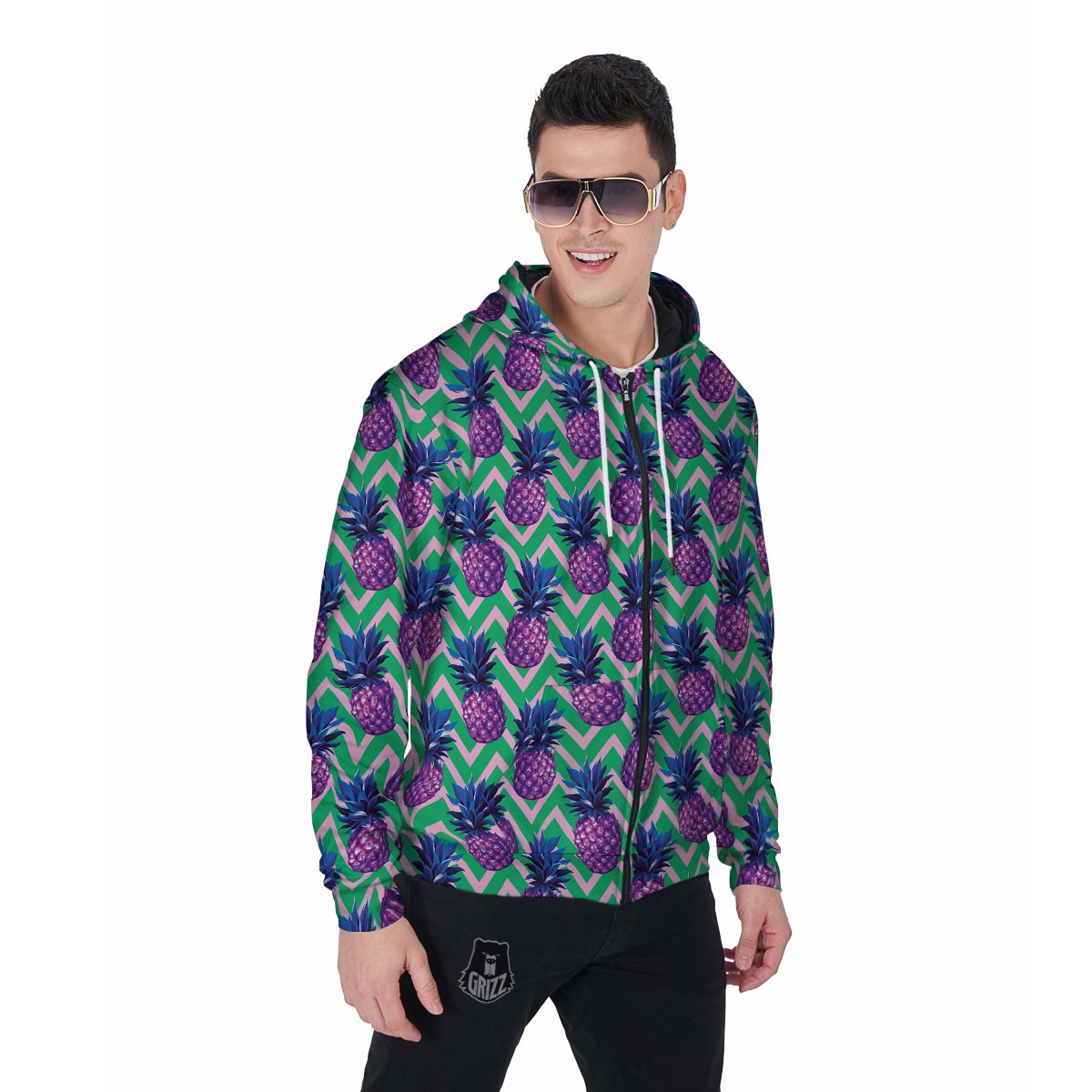 Abstract Hawaiian Pineapple Print Men's Zip Up Hoodie-grizzshop