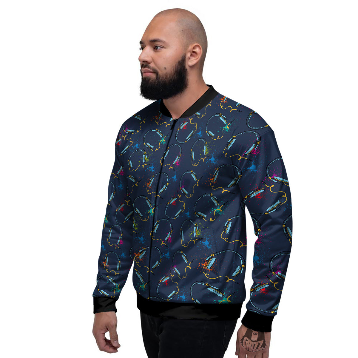 Abstract Headphone Blue Print Pattern Men's Bomber Jacket-grizzshop