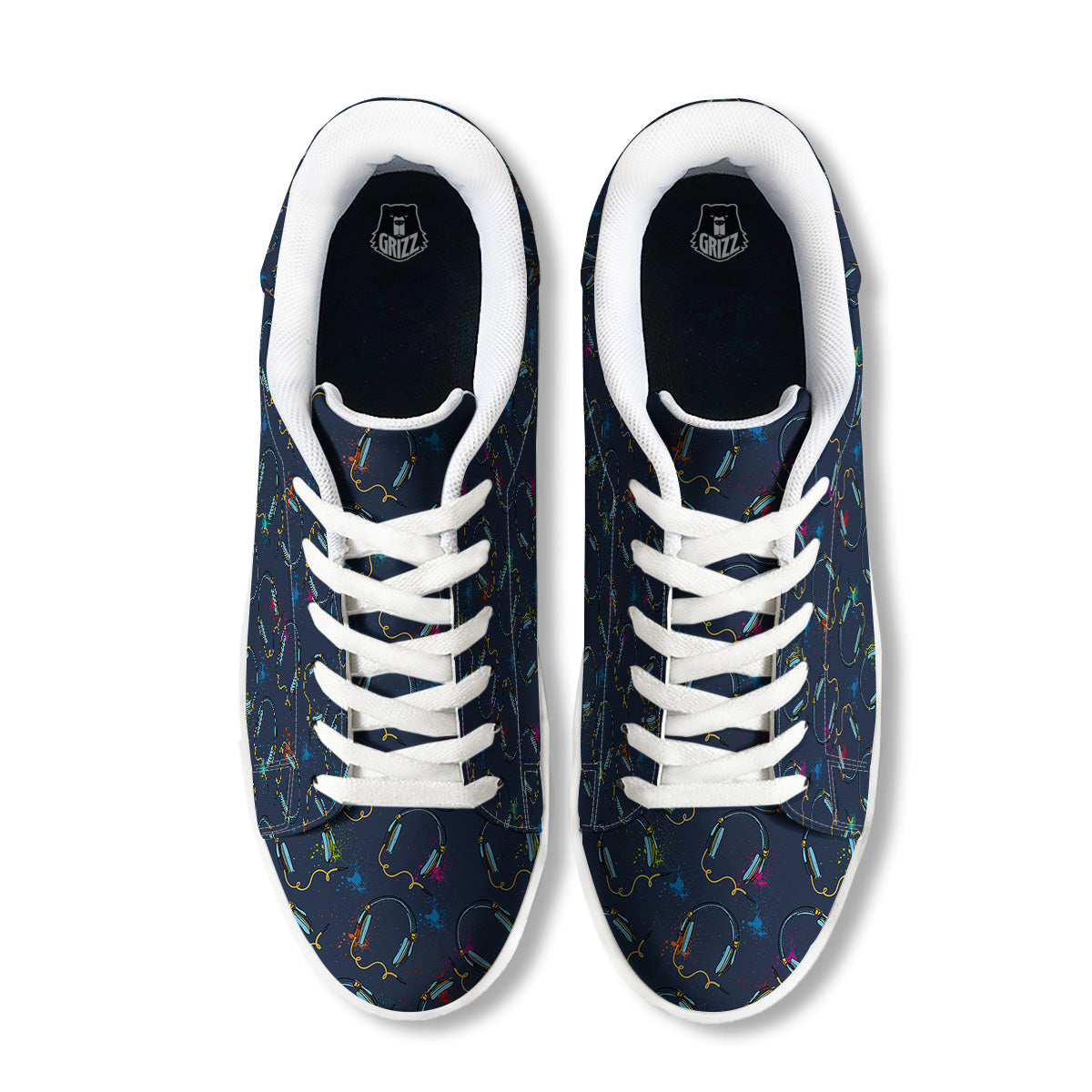 Abstract Headphone Blue Print Pattern White Low Top Sneakers-grizzshop