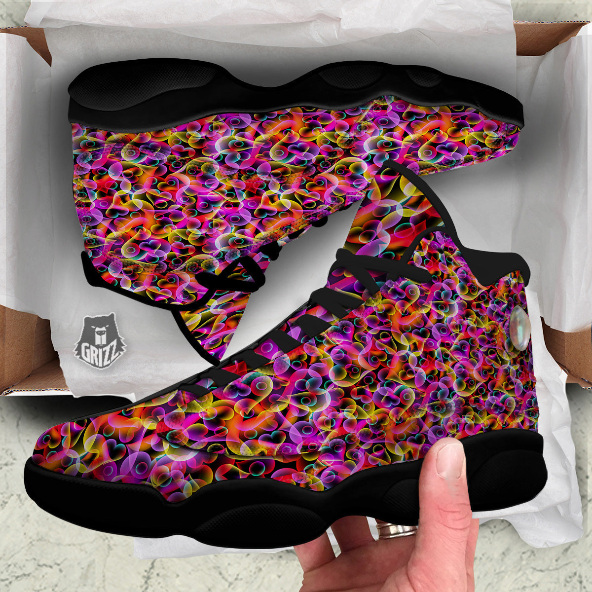 Abstract Hearts Neon Print Pattern Black Basketball Shoes-grizzshop