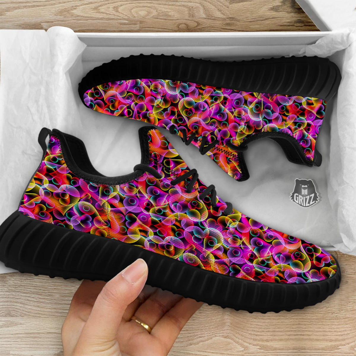 Abstract Hearts Neon Print Pattern Black Walking Shoes-grizzshop