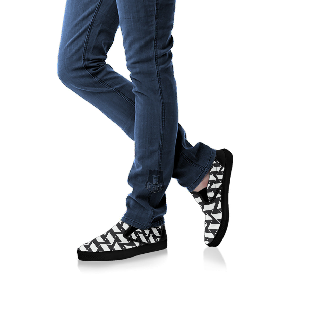 Abstract Heometric Zigzag Print Pattern Black Slip On Shoes-grizzshop