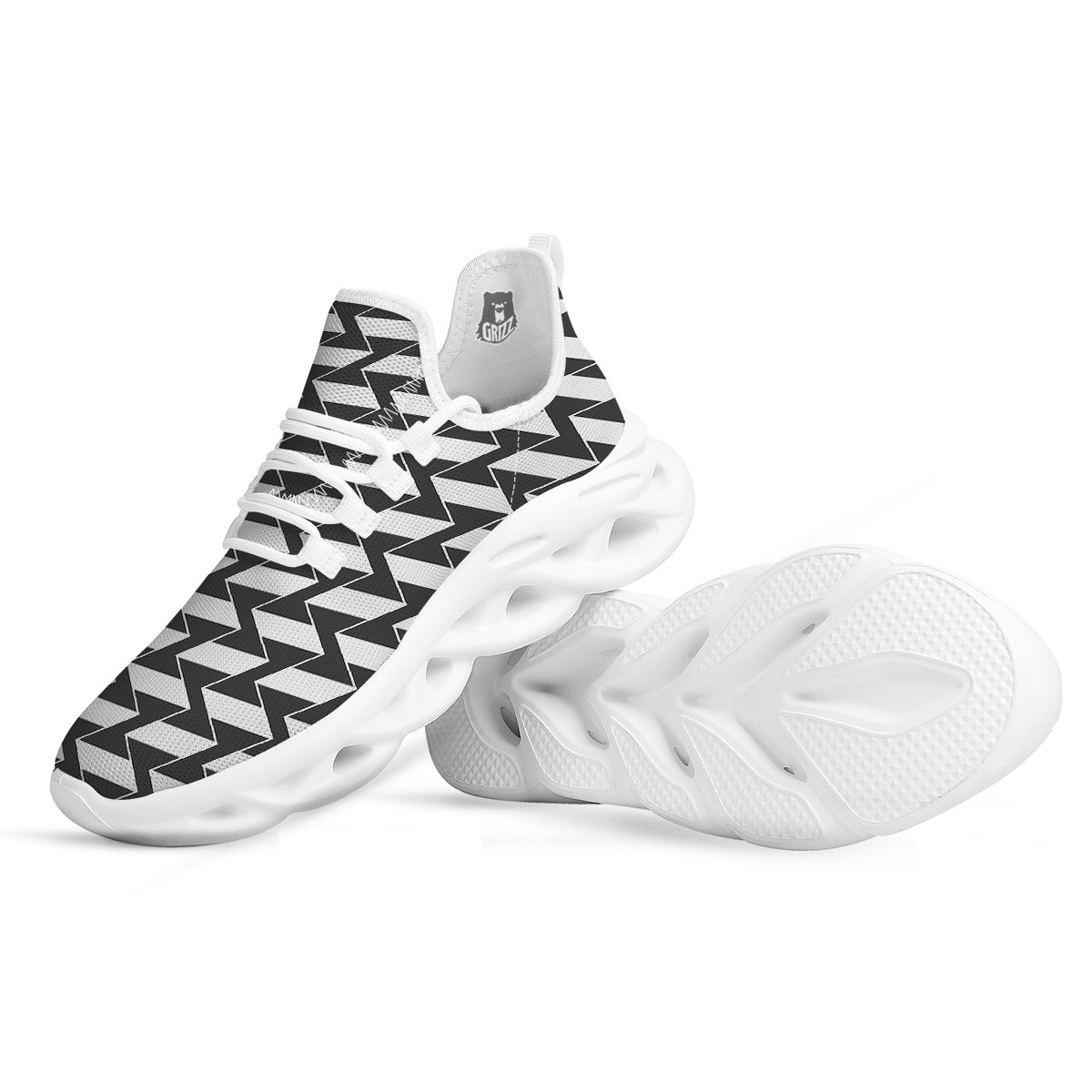 Abstract Heometric Zigzag Print Pattern White Running Shoes-grizzshop