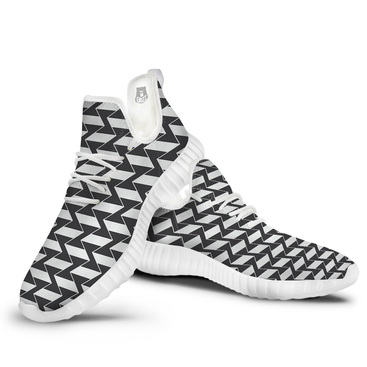 Abstract Heometric Zigzag Print Pattern White Walking Shoes-grizzshop