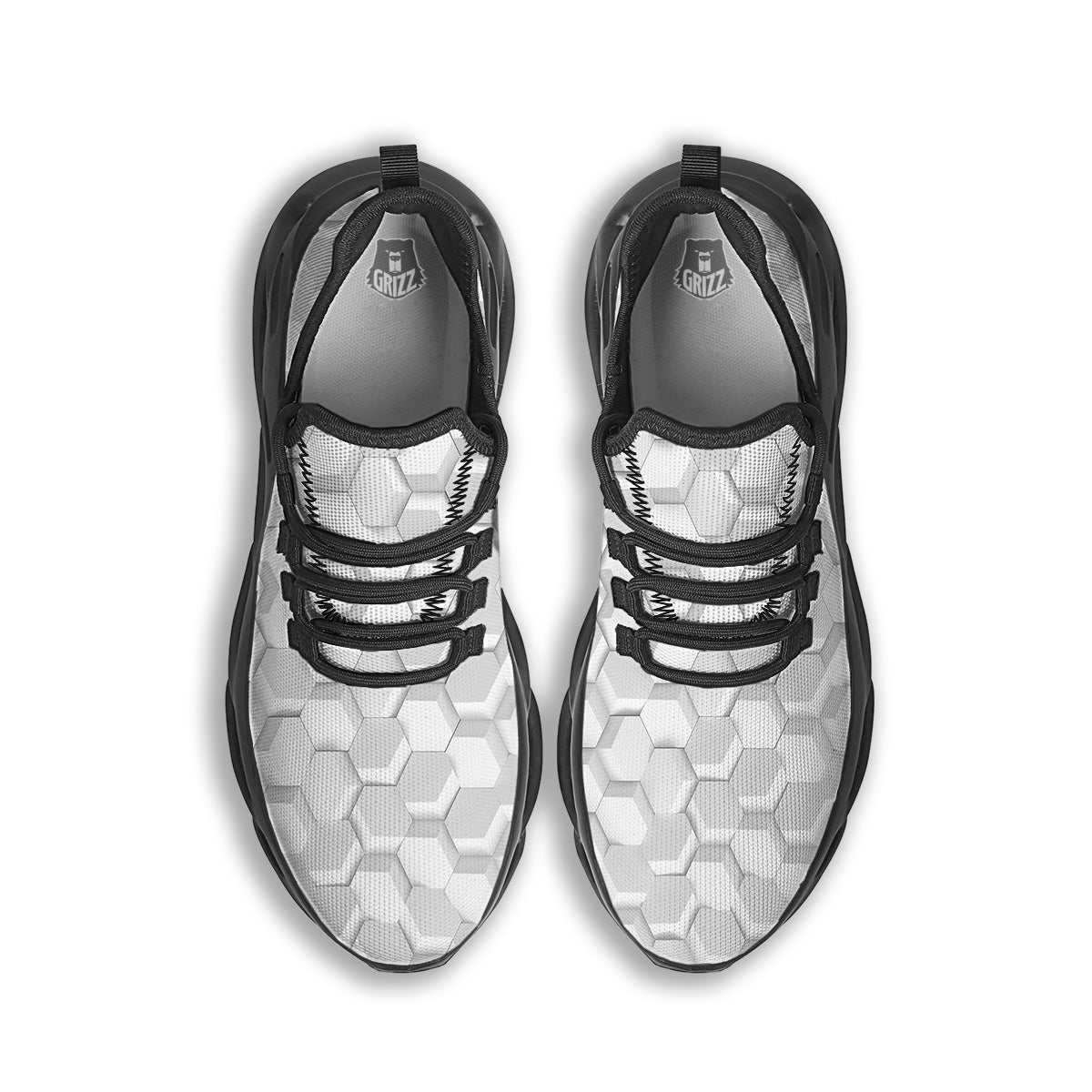 Abstract Hexagonal White 3D Print Pattern Black Running Shoes-grizzshop