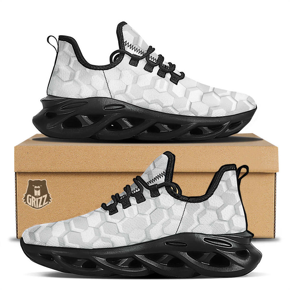 Abstract Hexagonal White 3D Print Pattern Black Running Shoes-grizzshop
