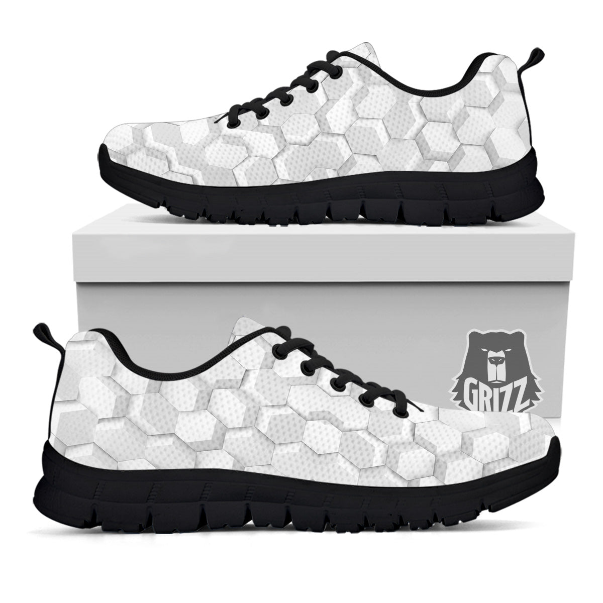 Abstract Hexagonal White 3D Print Pattern Black Sneaker-grizzshop
