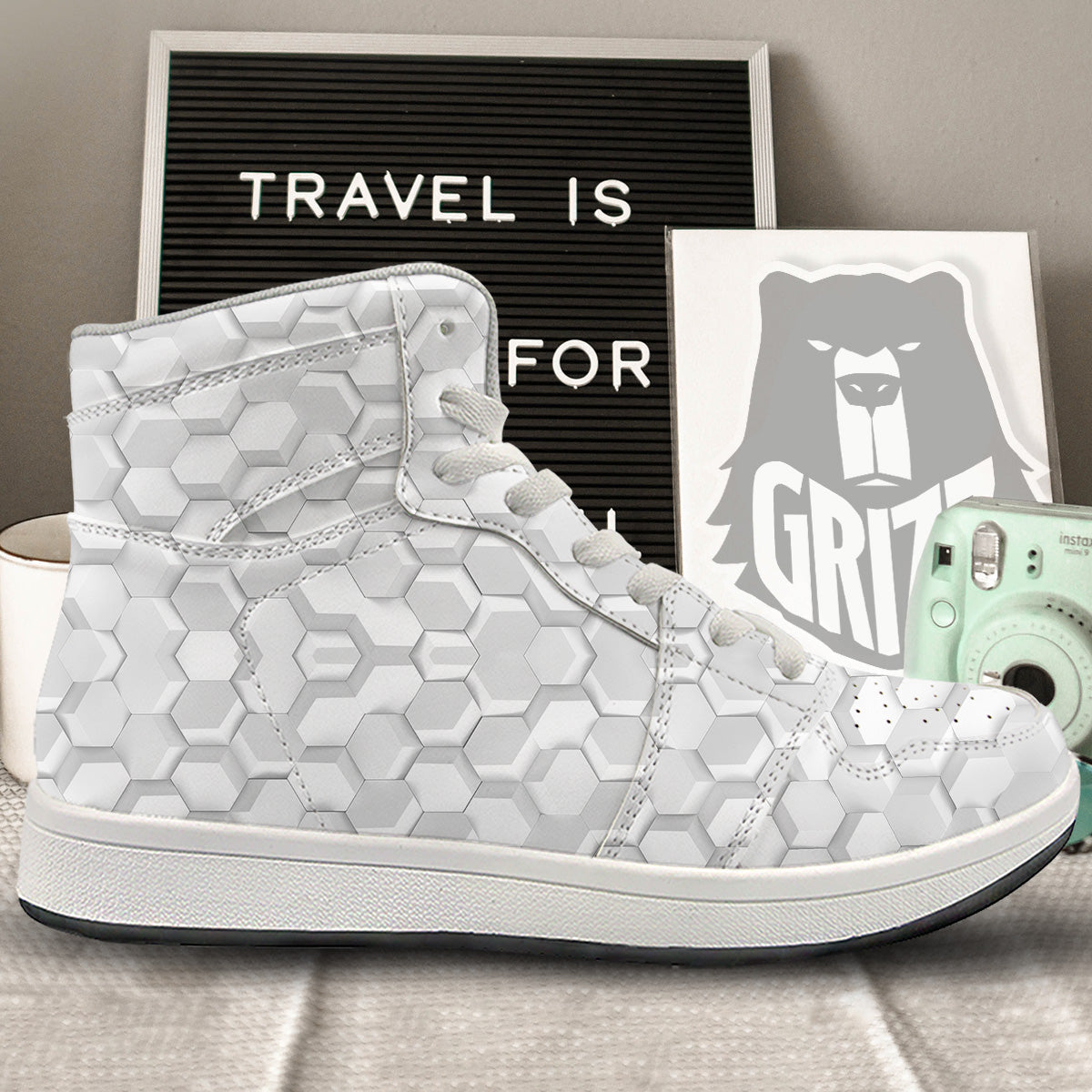 Abstract Hexagonal White 3D Print Pattern High Top Sneakers-grizzshop