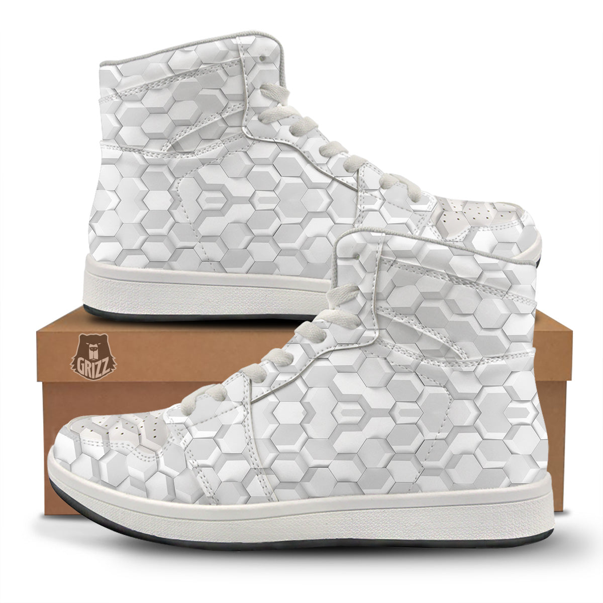 Abstract Hexagonal White 3D Print Pattern High Top Sneakers-grizzshop