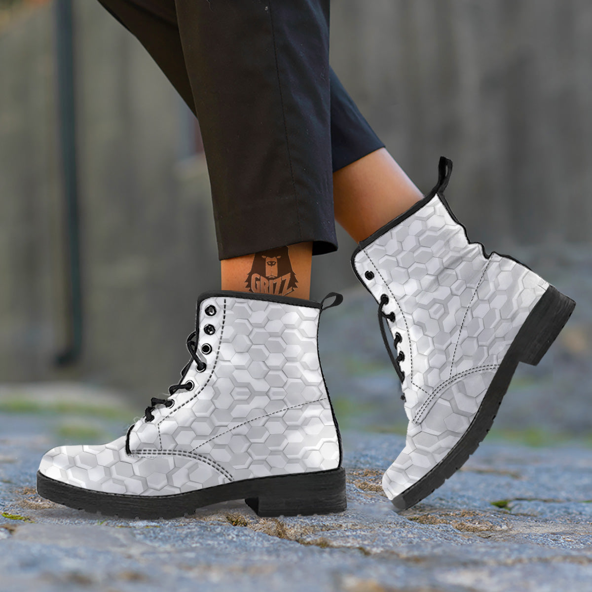 Abstract Hexagonal White 3D Print Pattern Leather Boots-grizzshop