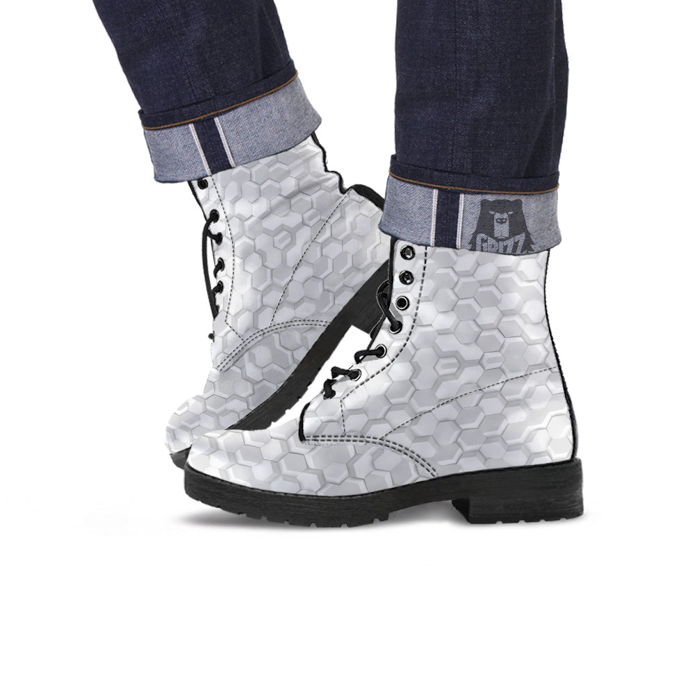 Abstract Hexagonal White 3D Print Pattern Leather Boots-grizzshop
