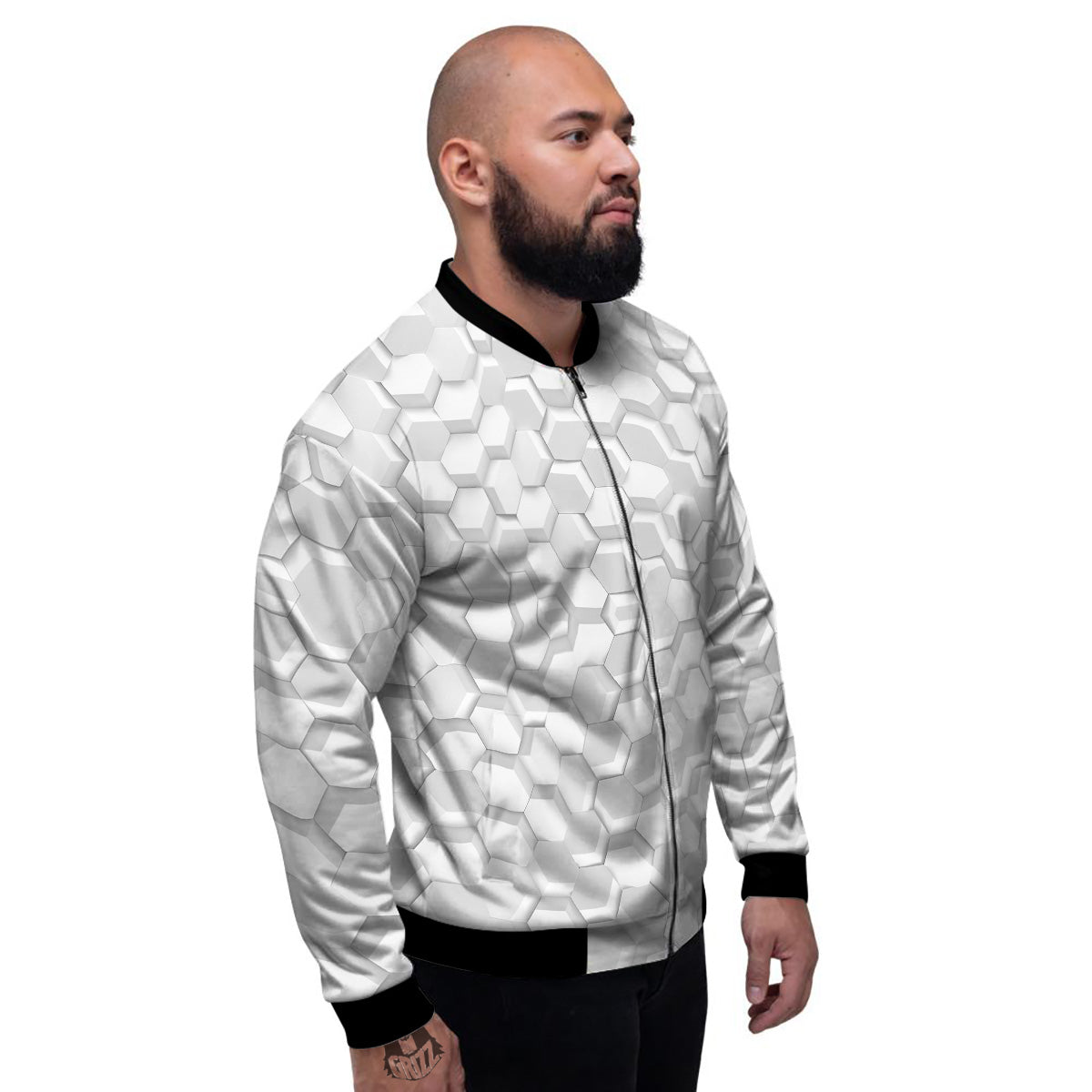 Abstract Hexagonal White 3D Print Pattern Men's Bomber Jacket-grizzshop
