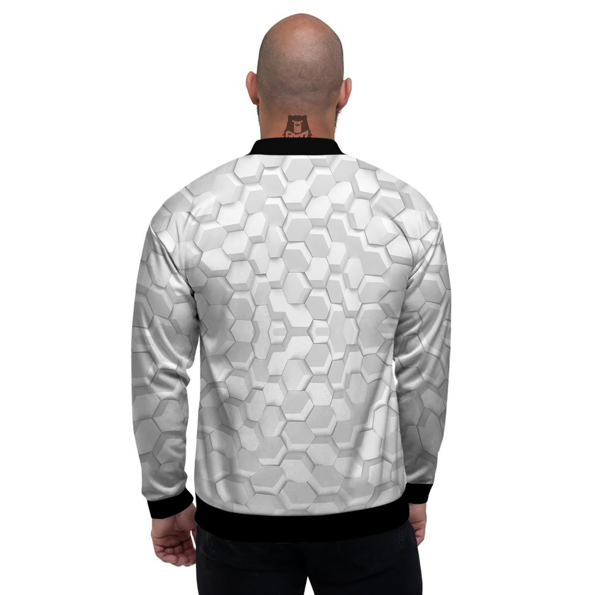Abstract Hexagonal White 3D Print Pattern Men's Bomber Jacket-grizzshop