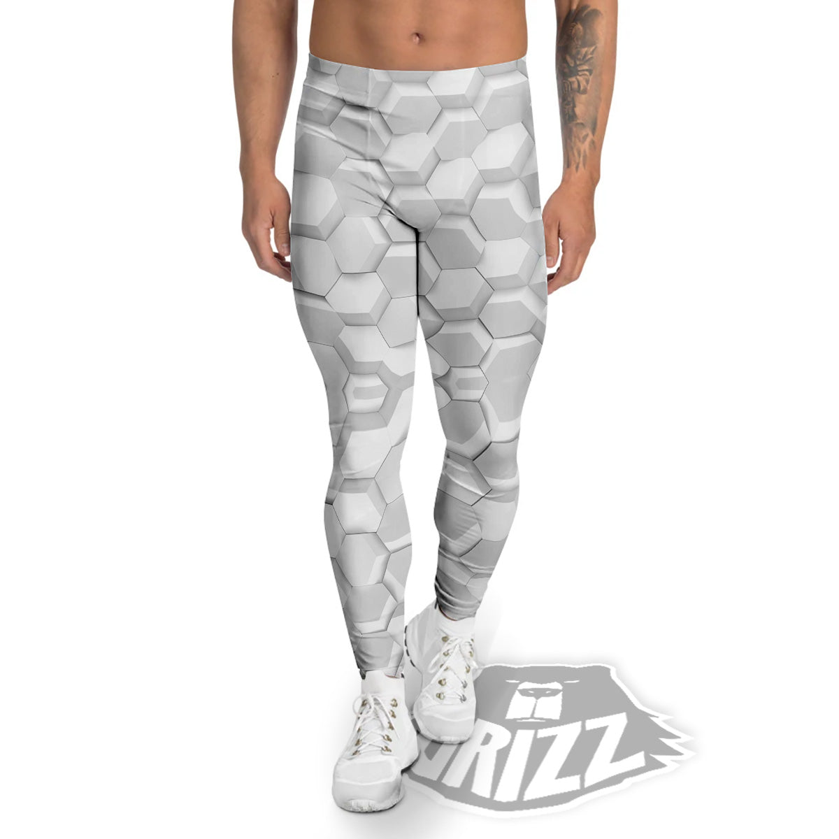 Abstract Hexagonal White 3D Print Pattern Men's Leggings-grizzshop