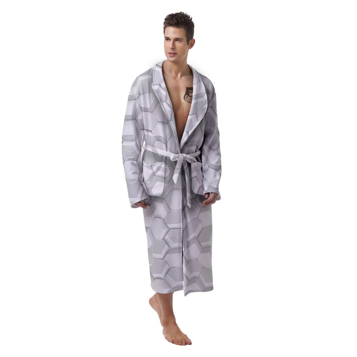 Abstract Hexagonal White 3D Print Pattern Men's Robe-grizzshop