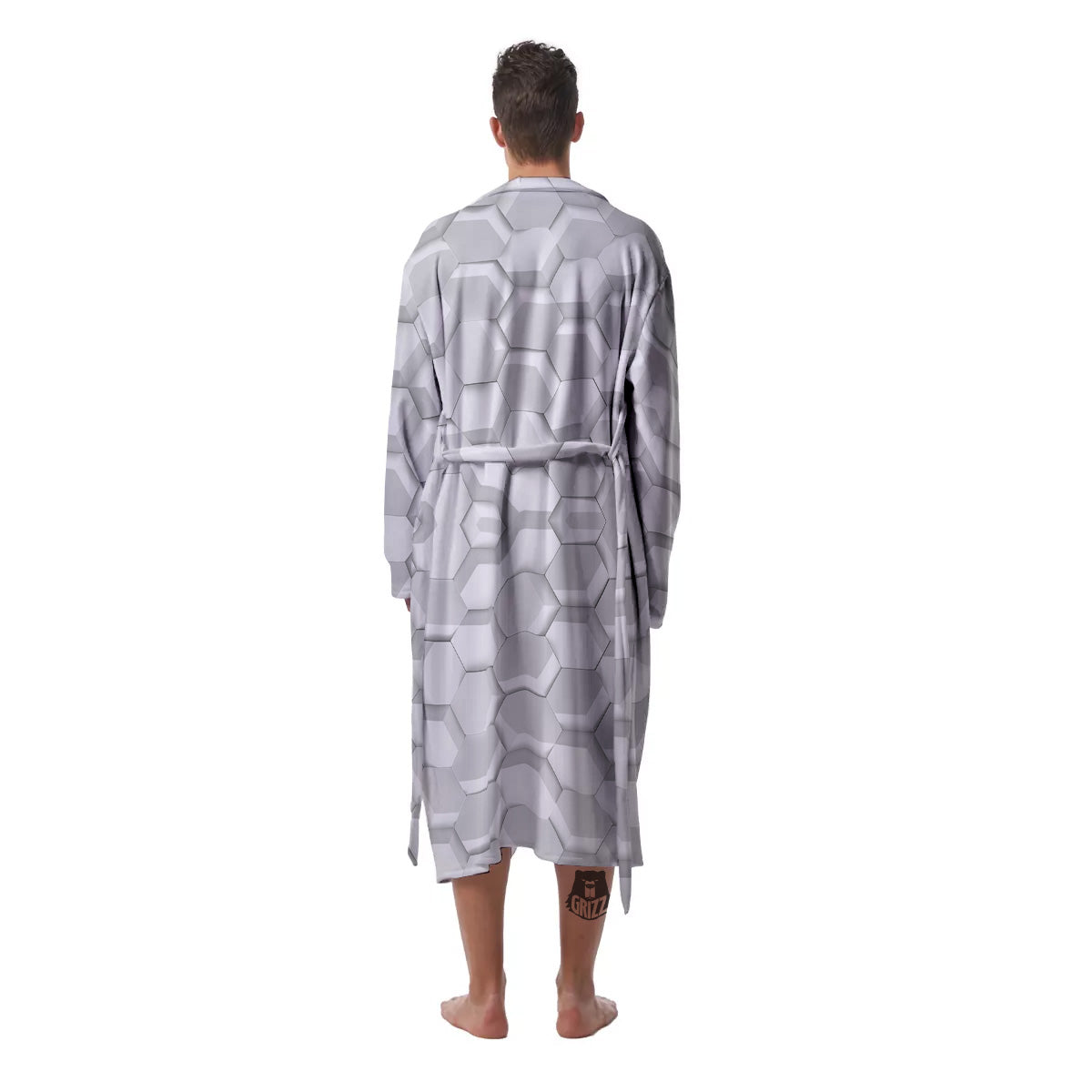 Abstract Hexagonal White 3D Print Pattern Men's Robe-grizzshop