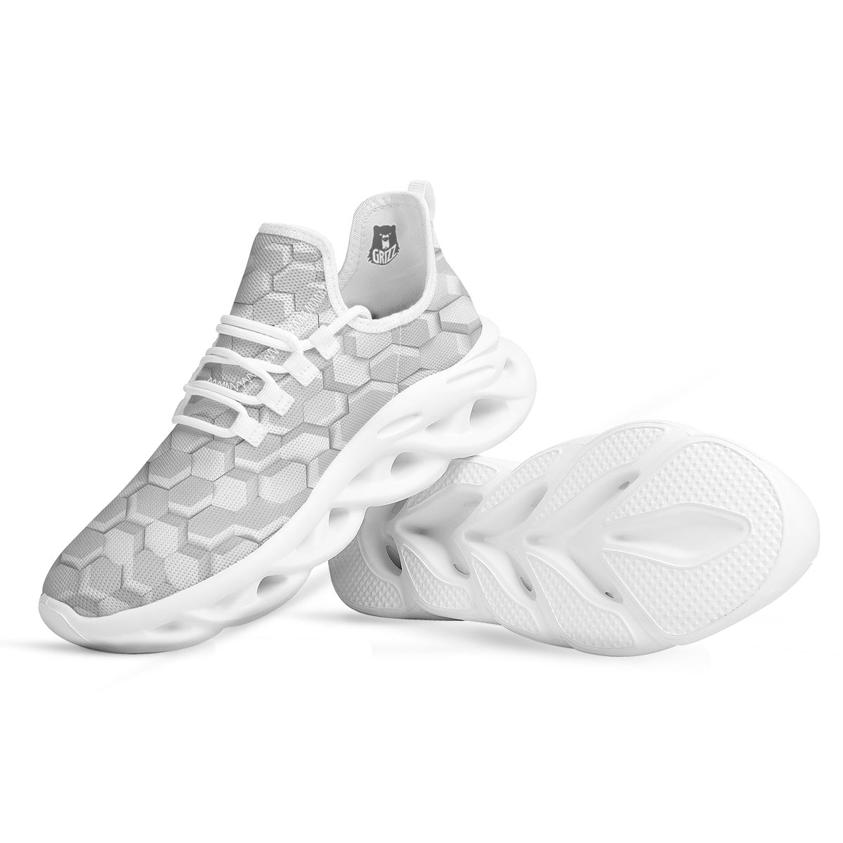 Abstract Hexagonal White 3D Print Pattern White Running Shoes-grizzshop
